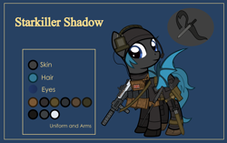 Size: 4999x3134 | Tagged: safe, artist:n0kkun, oc, oc only, oc:starkiller shadow, species:bat pony, species:pony, armor, assault rifle, bat pony oc, bat wings, baton, beanie, belt, blue background, boots, clothing, commission, female, flag, gloves, gun, handgun, hat, headset, holster, knife, mare, p226, pants, pistol, pouch, reference sheet, rifle, shoes, simple background, solo, spy suit, weapon, wings