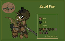 Size: 4999x3134 | Tagged: safe, artist:n0kkun, oc, oc only, oc:rapid fire (ice1517), species:bat pony, species:pony, american flag, armor, assault rifle, bat pony oc, bat wings, belt, boots, camouflage, clothing, commission, dirt, face paint, female, flag, flying, gloves, green background, gritted teeth, gun, handgun, helmet, holster, mare, mud, pants, pistol, pouch, reference sheet, rifle, shoes, simple background, solo, weapon, wings