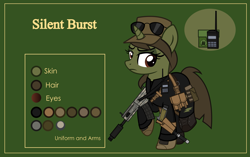 Size: 3999x2507 | Tagged: safe, artist:n0kkun, oc, oc only, oc:silent burst, species:pony, species:unicorn, belt, boots, clothing, commission, female, gloves, green background, gun, handgun, hat, holster, jacket, m1911, mare, pants, pistol, pouch, radio, raised hoof, raised leg, reference sheet, shirt, shoes, shotgun, simple background, solo, sunglasses, torn clothes, weapon