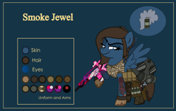 Size: 4999x3134 | Tagged: safe, artist:n0kkun, oc, oc only, oc:smoke jewel, species:pegasus, species:pony, assault rifle, belt, blue background, boots, camouflage, clothing, commission, dirt, female, g36, gas mask, gloves, grenade, gun, handgun, holster, m1911, mare, mask, midriff, mud, pants, pistol, pouch, raised hoof, reference sheet, rifle, shoes, simple background, smiling, smirk, smug, solo, tank top, tattoo, weapon