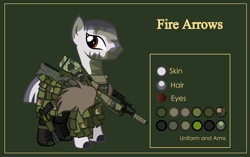 Size: 4999x3134 | Tagged: safe, artist:n0kkun, oc, oc only, oc:fire arrows, species:zebra, armor, arrow, boots, camouflage, clothing, commission, crossbow, face paint, female, ghillie suit, green background, gun, handgun, holster, m14, pants, pistol, reference sheet, rifle, shoes, simple background, solo, weapon, zebra oc