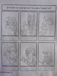 Size: 2448x3264 | Tagged: safe, artist:supahdonarudo, character:gabby, character:ocellus, character:sunset shimmer, species:changeling, species:griffon, species:pony, species:unicorn, bag that was swell, barney bunch, crossover, dalek, doctor who, drawing, drew pickles, monochrome, optimus prime, rugrats, six fanarts, traditional art, transformers