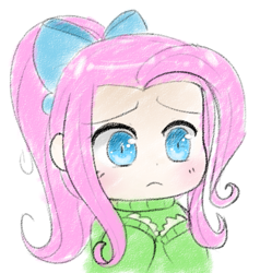Size: 771x809 | Tagged: safe, artist:pegacornss, character:fluttershy, species:human, alternate hairstyle, bow, bust, clothing, cute, female, hair bow, humanized, ponytail, shyabetes, simple background, solo, sweater, sweatershy, white background