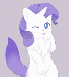 Size: 1280x1438 | Tagged: safe, artist:pegacornss, character:rarity, species:pony, species:unicorn, ;p, bipedal, cat, catified, catpony, chest fluff, cute, female, fluffy, licking, no pupils, one eye closed, original species, paw licking, purple background, raribetes, raricat, simple background, solo, species swap, tongue out, wink