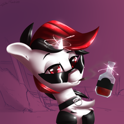 Size: 2300x2300 | Tagged: safe, artist:shido-tara, oc, oc only, oc:blackjack, species:pony, species:unicorn, fallout equestria, fallout equestria: project horizons, alcohol, collar, cyber legs, fanfic art, glowing horn, horn, looking at you, simple background, small horn, smoking, sunglasses, whiskey