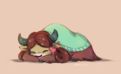 Size: 1890x1164 | Tagged: safe, artist:buttersprinkle, character:yona, species:yak, g4, bow, cloven hooves, cute, eyes closed, female, hair bow, monkey swings, pink background, prone, simple background, sleeping, solo, sweet dreams fuel, weapons-grade cute, yonadorable