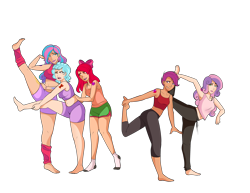 Size: 3300x2550 | Tagged: safe, artist:emberfan11, artist:n0kkun, edit, character:apple bloom, character:cozy glow, character:princess flurry heart, character:scootaloo, character:sweetie belle, species:human, species:pegasus, species:pony, icey-verse, g4, adult, alternate hairstyle, alternative cutie mark placement, apple bloom's bow, armpits, barefoot, belly button, blushing, bow, bra, bra strap, clothing, collaboration, color edit, colored, cutie mark crusaders, cutie mark on human, cutie mark tattoo, ear piercing, earring, exercise, feet, female, gym shorts, hair bow, humanized, jewelry, leg warmers, lipstick, midriff, nail polish, older, older apple bloom, older cmc, older cozy glow, older flurry heart, older scootaloo, older sweetie belle, one eye closed, open mouth, pants, piercing, raised eyebrow, shorts, shoulder cutie mark, simple background, socks, soles, sports bra, sports shorts, stretching, sweatpants, tank top, tattoo, tomboy, transparent background, underwear, wall of tags, yoga, yoga pants