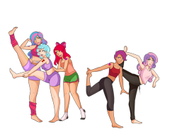 Size: 3300x2550 | Tagged: safe, alternate version, artist:emberfan11, artist:n0kkun, edit, character:apple bloom, character:cozy glow, character:princess flurry heart, character:scootaloo, character:sweetie belle, species:human, species:pegasus, species:pony, icey-verse, adult, alternate hairstyle, alternative cutie mark placement, apple bloom's bow, armpits, barefoot, belly button, blushing, bow, bra, bra strap, clothing, collaboration, color edit, colored, cutie mark crusaders, cutie mark on human, cutie mark tattoo, ear piercing, earring, exercise, feet, female, gym shorts, hair bow, humanized, jewelry, leg warmers, lipstick, midriff, nail polish, older, older apple bloom, older cmc, older cozy glow, older flurry heart, older scootaloo, older sweetie belle, one eye closed, open mouth, pants, piercing, raised eyebrow, shorts, shoulder cutie mark, simple background, socks, soles, sports bra, sports shorts, stretching, sweatpants, tank top, tattoo, tomboy, transparent background, underwear, wall of tags, yoga, yoga pants