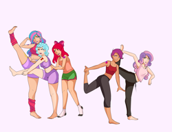 Size: 3300x2550 | Tagged: safe, alternate version, artist:emberfan11, artist:n0kkun, edit, character:apple bloom, character:cozy glow, character:princess flurry heart, character:scootaloo, character:sweetie belle, species:human, species:pegasus, species:pony, icey-verse, adult, alternate hairstyle, alternative cutie mark placement, apple bloom's bow, armpits, barefoot, belly button, blushing, bow, bra, bra strap, clothing, collaboration, color edit, colored, cutie mark crusaders, cutie mark on human, cutie mark tattoo, ear piercing, earring, exercise, feet, female, gym shorts, hair bow, humanized, jewelry, leg warmers, lipstick, midriff, nail polish, older, older apple bloom, older cmc, older cozy glow, older flurry heart, older scootaloo, older sweetie belle, one eye closed, open mouth, pants, piercing, raised eyebrow, shorts, shoulder cutie mark, simple background, socks, soles, sports bra, sports shorts, stretching, sweatpants, tank top, tattoo, tomboy, underwear, wall of tags, white background, yoga, yoga pants
