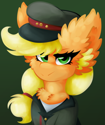 Size: 3024x3592 | Tagged: safe, artist:vanillaswirl6, character:applejack, species:earth pony, species:pony, equestria at war mod, bust, clothing, female, fluffy, green background, hat, photoshop, portrait, simple background, uniform