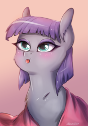 Size: 1091x1558 | Tagged: safe, artist:buttersprinkle, character:maud pie, species:earth pony, species:pony, blanket, blep, blushing, bust, cheek fluff, chest fluff, cute, ear fluff, female, looking up, mare, maudabetes, portrait, solo, tongue out