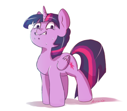Size: 1795x1569 | Tagged: safe, artist:buttersprinkle, character:twilight sparkle, character:twilight sparkle (alicorn), species:alicorn, species:pony, female, folded wings, grin, mare, nervous, nervous grin, simple background, smiling, solo, sweat, white background, wings