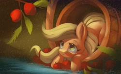 Size: 4096x2513 | Tagged: safe, artist:auroriia, character:applejack, species:earth pony, species:pony, g4, apple, basket, cute, eyebrows, female, food, freckles, fruit, high res, jackabetes, mare, pond, rain, signature, solo, three quarter view, water