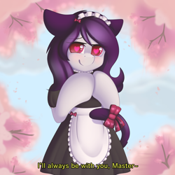 Size: 3840x3840 | Tagged: safe, artist:xcinnamon-twistx, oc, oc only, oc:cinnamon twist, species:pony, apron, bow, cat, catpony, cherry blossoms, cherry trees, clothing, cute, female, flower, flower blossom, heart eyes, maid, mare, master, original species, pet play, petals, sky, smiling, solo, talking, wingding eyes