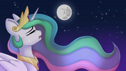 Size: 1920x1080 | Tagged: safe, artist:xcinnamon-twistx, character:princess celestia, crown, crying, eyes closed, female, flowing mane, jewelry, lullaby for a princess, moon, necklace, night, open mouth, regalia, sad, singing, solo, wallpaper