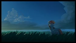 Size: 1961x1101 | Tagged: safe, artist:luciferamon, character:rainbow dash, species:pegasus, species:pony, cloud, cloudsdale, female, grass, mare, night, scenery, sky, solo