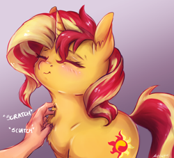 Size: 2804x2542 | Tagged: safe, artist:buttersprinkle, character:sunset shimmer, species:human, species:pony, species:unicorn, abstract background, bacon hair, behaving like a cat, blushing, buttersprinkle is trying to murder us, cheek fluff, chest fluff, cute, dawwww, disembodied hand, ear fluff, eyelashes, eyes closed, female, fluffy, food, gradient background, gray background, hand, mare, neck fluff, offscreen character, offscreen human, onomatopoeia, purring, scratching, shimmerbetes, simple background, smiling, solo focus, sound effects, wavy mouth, weapons-grade cute