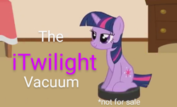 Size: 405x247 | Tagged: safe, artist:forgalorga, edit, character:twilight sparkle, character:twilight sparkle (unicorn), species:pony, species:unicorn, behaving like a cat, not for sale, ponies riding roombas, robot, robot pony, roomba, text, vacuum cleaner, wingless, wingless edit