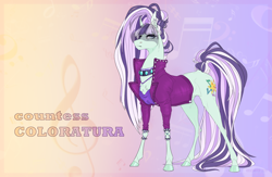 Size: 2000x1300 | Tagged: safe, artist:dementra369, character:coloratura, character:countess coloratura, species:earth pony, species:pony, abstract background, chest fluff, choker, clothing, cutie mark, ear piercing, earring, female, hoers, jacket, jewelry, mare, music notes, piercing, popped collar, shirt, solo, text, veil