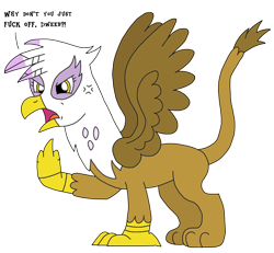 Size: 2286x2112 | Tagged: safe, alternate version, artist:supahdonarudo, character:gilda, species:griffon, angry, cross-popping veins, dialogue, middle finger, simple background, transparent background, vent art, vulgar, yelling