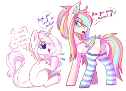 Size: 1280x920 | Tagged: safe, artist:cloud-fly, oc, oc only, species:pegasus, species:pony, species:unicorn, clothing, colored wings, cute, dialogue, ear fluff, female, folded wings, mare, multicolored wings, ocbetes, simple background, socks, striped socks, thought bubble, transparent background, wings