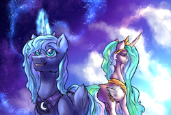 Size: 1600x1076 | Tagged: safe, artist:not-ordinary-pony, character:princess celestia, character:princess luna, species:alicorn, species:pony, alternate universe, crown, duo, female, folded wings, glowing horn, horn, implied daybreaker, jewelry, mare, peytral, regalia, s1 luna, sad, smiling, twilight (astronomy), wings