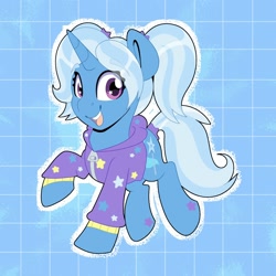 Size: 2000x2000 | Tagged: safe, artist:partylikeanartist, gameloft, character:trixie, species:pony, species:unicorn, abstract background, absurd resolution, alternate design, alternate hairstyle, babysitter trixie, clothing, cute, diatrixes, female, gameloft interpretation, hoodie, ios, looking at you, mare, ponytail, solo, wingding eyes