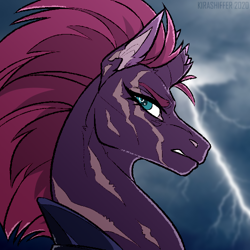 Size: 500x500 | Tagged: safe, artist:dementra369, character:tempest shadow, species:pony, species:unicorn, armor, broken horn, cloud, eye scar, female, horn, lightning, mare, scar, solo