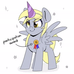 Size: 2048x2048 | Tagged: safe, artist:partylikeanartist, character:derpy hooves, species:pegasus, species:pony, my little pony: the movie (2017), award, clothing, cute, derpabetes, female, hat, high res, participation ribbon, party hat, prize, ribbon, simple background, solo, stars, text, white background