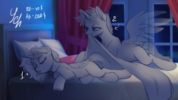 Size: 3003x1689 | Tagged: safe, artist:lightning-stars, oc, species:alicorn, species:earth pony, species:pegasus, species:pony, species:unicorn, bedroom, caress, female, love, male, mare, night, shipping, sleeping, stallion, ych example, ych sketch, your character here