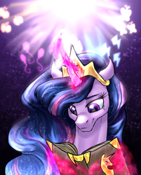 Size: 964x1200 | Tagged: safe, artist:not-ordinary-pony, character:twilight sparkle, character:twilight sparkle (alicorn), species:alicorn, species:pony, episode:the last problem, g4, my little pony: friendship is magic, book, crown, female, glowing horn, horn, immortality blues, jewelry, magic, mare, older, older twilight, princess twilight 2.0, reading, regalia, reminiscing, smiling, solo, telekinesis