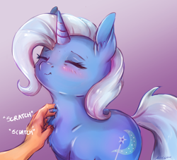 Size: 2804x2542 | Tagged: safe, alternate version, artist:buttersprinkle, character:trixie, species:human, species:pony, species:unicorn, behaving like a cat, blushing, buttersprinkle is trying to murder us, chest fluff, cute, dawwww, diatrixes, disembodied hand, ear fluff, eyes closed, female, hand, high res, mare, offscreen character, offscreen human, onomatopoeia, purring, scratching, simple background, smiling, sound effects, weapons-grade cute