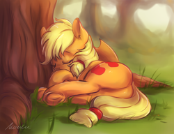 Size: 3600x2769 | Tagged: safe, artist:buttersprinkle, character:applejack, species:earth pony, species:pony, applejack's hat, butt, buttersprinkle is trying to murder us, clothing, cowboy hat, cute, eyes closed, female, hat, high res, jackabetes, outdoors, plot, signature, sleeping, solo, tree, under the tree, underhoof, weapons-grade cute