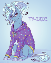 Size: 870x1080 | Tagged: safe, artist:dementra369, gameloft, character:trixie, species:pony, species:unicorn, alternate hairstyle, babysitter trixie, clothing, curved horn, female, hoodie, horn, looking at you, mare, pigtails, ponytail, sitting, solo, twintails
