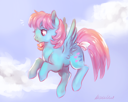 Size: 3000x2400 | Tagged: safe, artist:buttersprinkle, character:wind whistler, species:pegasus, species:pony, g1, bow, cloud, female, flying, g1 to g4, generation leap, open mouth, sky, solo, spread wings, tail bow, wings
