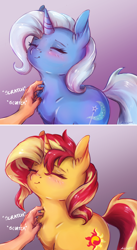 Size: 1128x2056 | Tagged: safe, artist:buttersprinkle, edit, character:sunset shimmer, character:trixie, species:human, species:pony, species:unicorn, abstract background, bacon hair, behaving like a cat, blushing, cheek fluff, chest fluff, cute, diatrixes, disembodied hand, ear fluff, eyelashes, eyes closed, female, fluffy, food, gradient background, gray background, hand, mare, neck fluff, offscreen character, offscreen human, onomatopoeia, purring, scratching, shimmerbetes, simple background, smiling, solo focus, sound effects, wavy mouth, weapons-grade cute