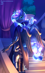 Size: 2000x3232 | Tagged: safe, artist:jedayskayvoker, character:princess luna, species:alicorn, species:anthro, armor, glowing mane, looking at you, male, patreon, prince artemis, rule 63, solo, stallion, wings