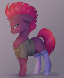 Size: 2965x3640 | Tagged: safe, artist:buttersprinkle, character:fizzlepop berrytwist, character:tempest shadow, species:pony, species:unicorn, angry, blushing, broken horn, buttersprinkle is trying to murder us, chest fluff, clothing, cute, female, floppy ears, frown, grumpy, high res, hnnng, horn, i'm not cute, madorable, mare, profile, shirt, simple background, socks, solo, tempestbetes, thigh highs, tsundere, tsundere shadow, weapons-grade cute