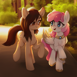 Size: 1836x1836 | Tagged: safe, artist:lightning-stars, oc, oc only, species:earth pony, species:pegasus, species:pony, chest fluff, duo, eye contact, female, looking at each other, mare, outdoors