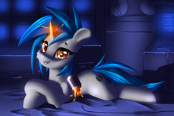 Size: 2400x1600 | Tagged: safe, artist:shido-tara, oc, oc:homage, species:pony, species:unicorn, fallout equestria, bed, crossed hooves, fanfic art, female, glowing horn, hoof on hoof, horn, looking at you, lying on bed, mare, microphone, on bed, prone, simple background, smiling, solo