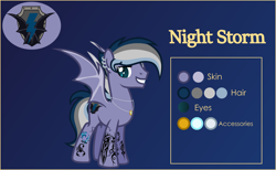 Size: 4000x2469 | Tagged: safe, artist:n0kkun, oc, oc:night storm (ice1517), species:bat pony, species:pony, bat pony oc, bat wings, blue background, ear piercing, earring, eyebrow piercing, grin, jewelry, male, multicolored hair, necklace, piercing, reference sheet, ring, simple background, smiling, solo, stallion, tattoo, wedding ring, wings