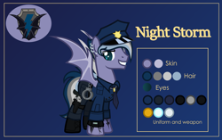 Size: 3999x2507 | Tagged: safe, alternate version, artist:n0kkun, oc, oc:night storm (ice1517), species:bat pony, species:pony, bat pony oc, bat wings, blue background, boots, clothing, cuffs, ear piercing, earring, eyebrow piercing, grin, gun, handgun, hat, holster, jewelry, male, multicolored hair, necklace, necktie, pants, piercing, police, police hat, police officer, police uniform, reference sheet, revolver, ring, shirt, shoes, simple background, smiling, solo, stallion, tattoo, watch, weapon, wedding ring, wings, wristwatch