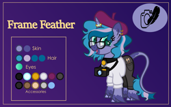Size: 4000x2507 | Tagged: safe, alternate version, artist:n0kkun, oc, oc only, oc:feather frame, species:pony, species:unicorn, beret, brush, camera, choker, clothing, ear piercing, earring, female, glasses, hat, horn, horn ring, jeans, jewelry, leonine tail, mare, markings, multicolored hair, open mouth, paintbrush, pants, piercing, purple background, reference sheet, ring, simple background, solo, sweater, unshorn fetlocks, wedding ring