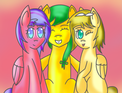 Size: 1831x1398 | Tagged: safe, artist:wolfy-pony, oc, oc:lily spark, oc:starlight shooter, eyes closed, one eye closed, trio, wink