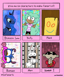 Size: 761x911 | Tagged: safe, artist:cartuneslover16, character:princess luna, species:alicorn, species:anthro, species:human, species:pony, species:rabbit, animal, bunsen beast, bunsen is a beast, clothing, codename kids next door, crossover, ed edd n eddy, ethereal mane, female, galaxy mane, kelly, mare, max, nigel uno, open mouth, peytral, plank, sam and max, six fanarts, smiling, star vs the forces of evil, sunglasses