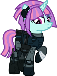 Size: 2000x2656 | Tagged: safe, artist:n0kkun, character:sunny flare, species:pony, species:unicorn, armor, bag, bandage, belt, boots, c4, clothing, commission, equestria girls ponified, eyeshadow, female, gloves, headset, knee pads, knife, makeup, mare, mercenary, pants, ponified, radio, raised hoof, saddle bag, shoes, simple background, solo, transparent background, watch, wristwatch