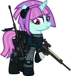 Size: 6000x6383 | Tagged: safe, alternate version, artist:n0kkun, character:sunny flare, species:pony, species:unicorn, ar-57, armor, assault rifle, auto-9, bag, bandage, belt, boots, c4, clothing, cobra assault cannon, commission, equestria girls ponified, eyeshadow, female, gloves, gun, handgun, headset, knee pads, knife, makeup, mare, mercenary, pants, pistol, ponified, radio, raised hoof, rifle, robocop, saddle bag, shoes, simple background, solo, transparent background, watch, weapon, wristwatch
