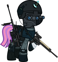 Size: 6000x6385 | Tagged: safe, alternate version, artist:n0kkun, character:sunny flare, species:pony, species:unicorn, ar-57, armor, assault rifle, auto-9, bag, bandage, belt, boots, c4, clothing, cobra assault cannon, commission, equestria girls ponified, eyeshadow, female, gloves, goggles, gun, handgun, headset, helmet, knee pads, knife, makeup, mare, mask, mercenary, night vision goggles, pants, pistol, ponified, radio, raised hoof, rifle, robocop, saddle bag, shoes, simple background, solo, transparent background, watch, weapon, wristwatch