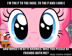 Size: 1534x1201 | Tagged: safe, artist:blackgryph0n, artist:titus16s, edit, edited screencap, screencap, character:pinkie pie, species:earth pony, species:pony, caption, female, image macro, looking at you, mare, meme, solo, stolen art, text, twilightlicious