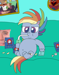 Size: 2448x3109 | Tagged: safe, artist:supahdonarudo, character:rainbow dash, species:pony, my little pony:pony life, adventures of sonic the hedgehog, barney bunch, chips, couch, crumbs, dick the clown, doctor eggman, donut, downvote bait, fat, food, nicolas cage, pillow, pony life drama drama, rainblob dash, remote, salt, scene interpretation, shitposting, sonic the hedgehog (series), your tears are delicious